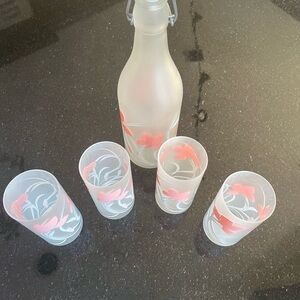 Vintage Cerve Frosted Glass Bottle w/ Stopper & 4  Glasses -Coral Flowers  Italy